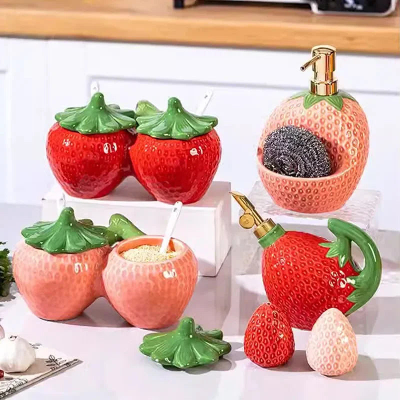 Ceramic strawberry-shaped oil and vinegar cruet by FanzyMarket, fruit-shaped kitchen jar for salt, sugar, or soy sauce.