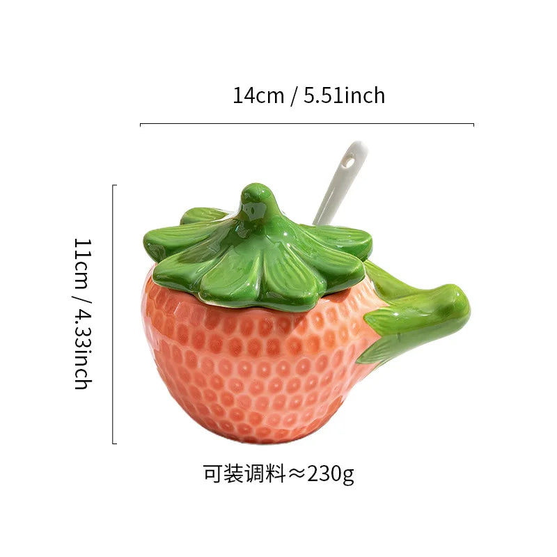 FanzyMarket ceramic strawberry oil and vinegar cruet, fruit-shaped kitchen seasoning jar for salt, sugar, and soy sauce.