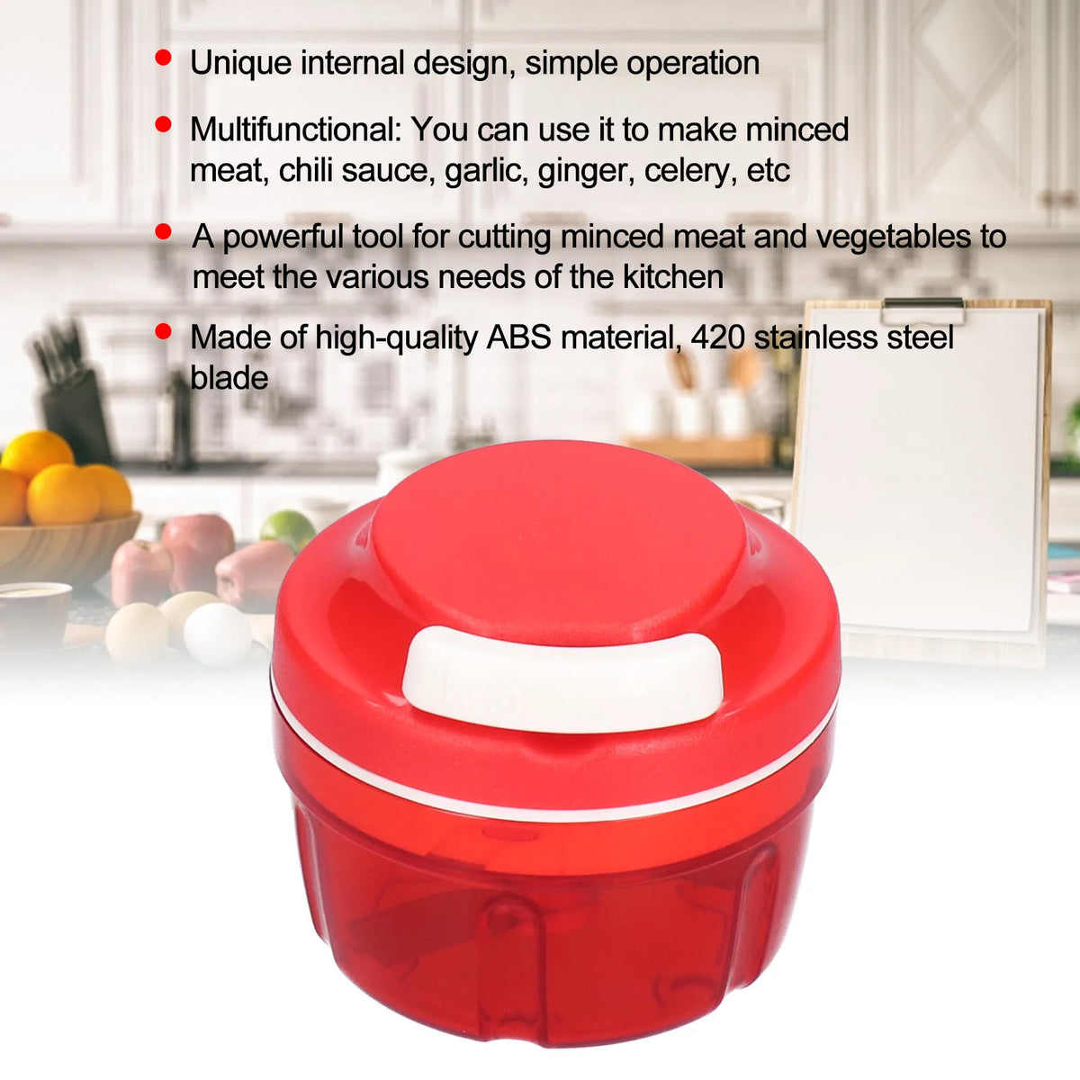 Red manual pull-cord vegetable chopper and meat mincer by FanzyMarket, with blades for garlic, herbs, and vegetables.
