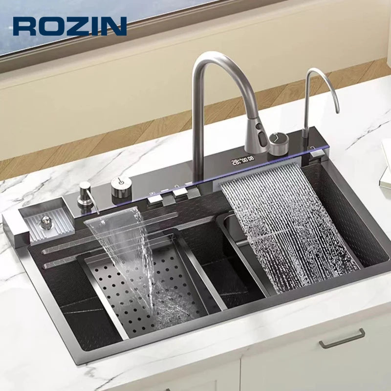 FanzyMarket 304 stainless steel kitchen sink with digital waterfall faucet and single bowl, 75 x 45 cm, modern kitchen fixture.