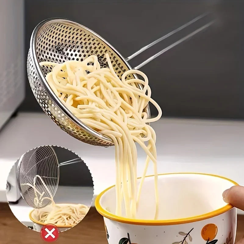 FanzyMarket stainless steel colander with wooden handle, fine mesh for pasta, grease filtering, and food prep in kitchen.