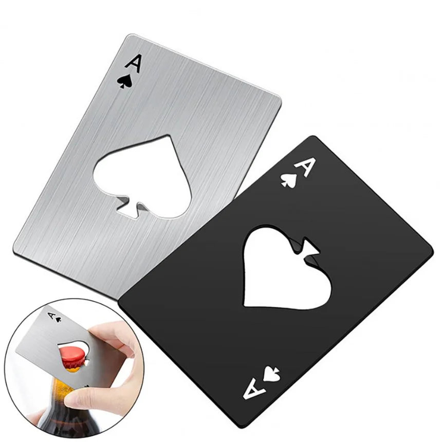 Stainless steel poker-shaped credit card bottle opener in black and silver, wallet-sized 85x54mm, for opening beer and cans.