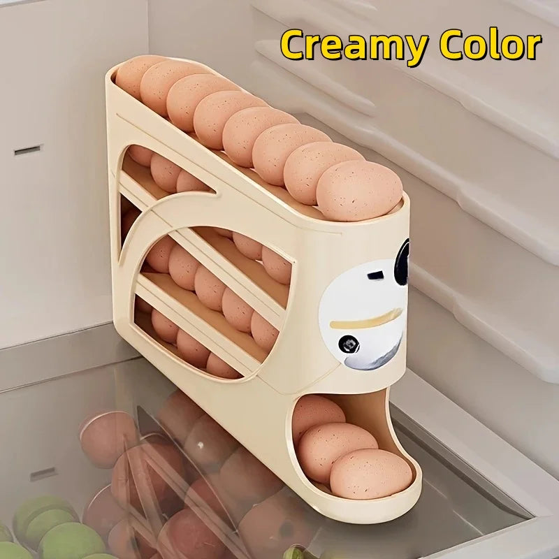 White 3-tier rolling egg storage rack by FanzyMarket holding 24 eggs, designed for refrigerator organization and large kitchen capacity.