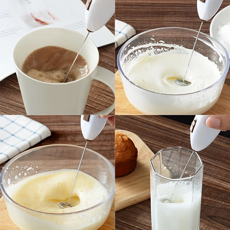 FanzyMarket handheld electric milk frother and mini egg beater for coffee, battery-powered kitchen tool for frothing and mixing.