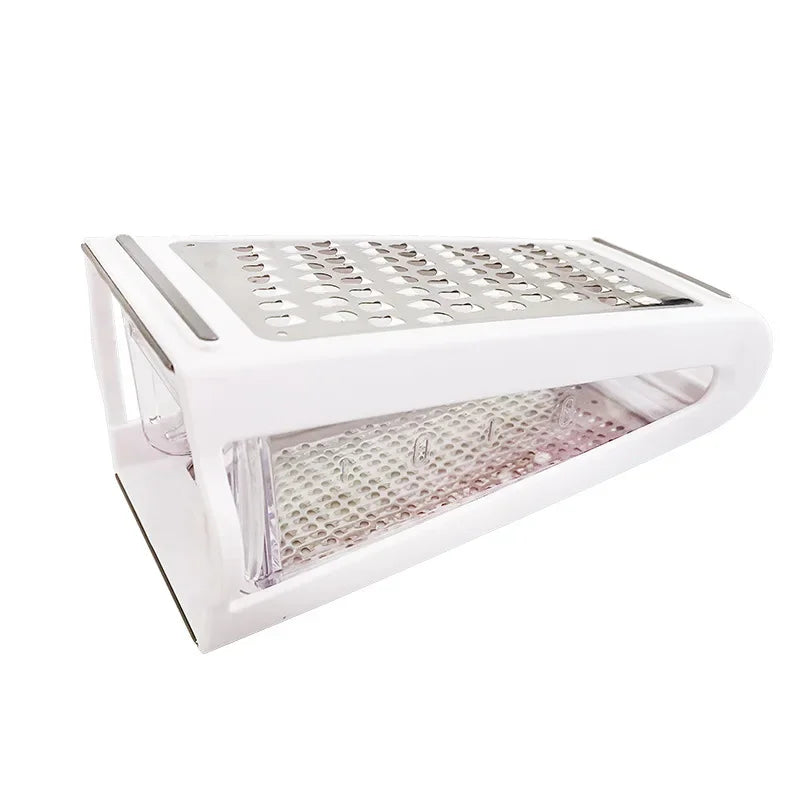 FanzyMarket stainless steel double-sided vegetable and cheese grater with catch container for efficient kitchen prep.