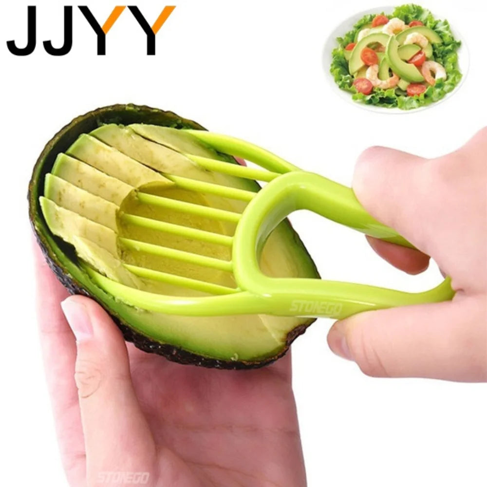 Yellow FanzyMarket 3-in-1 avocado slicer, corer, and peeler with plastic fruit and vegetable cutter and pitter for kitchen use.