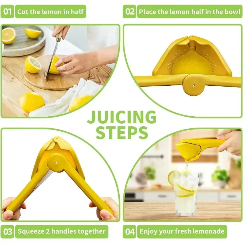 FanzyMarket manual lemon squeezer handheld citrus press for lemons, limes, and oranges, with ergonomic design and bright yellow color.