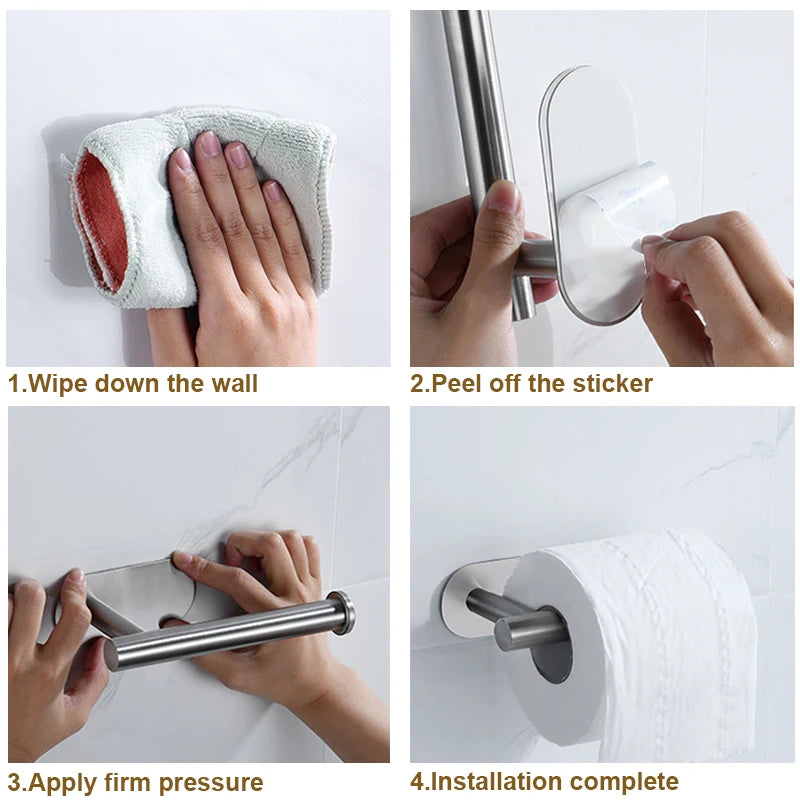 Stainless steel FanzyMarket no-drill wall mount paper towel and toilet roll holders with adhesive backing for easy installation.