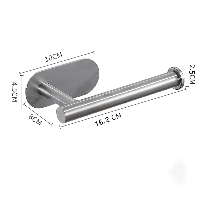 Stainless steel FanzyMarket no-drill wall mount paper towel and toilet roll holders with adhesive backing for bathroom or kitchen use.
