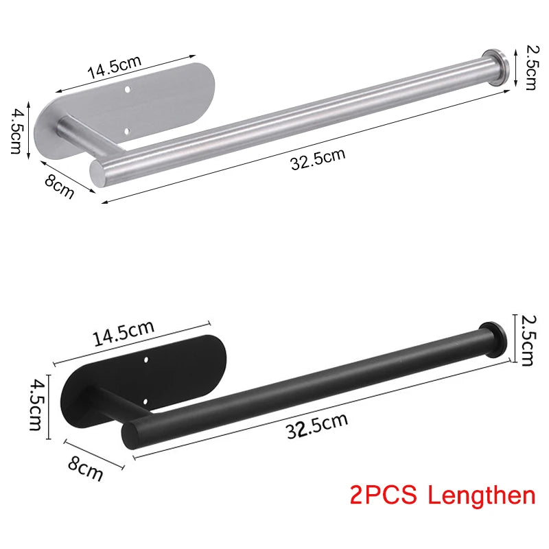 Stainless steel FanzyMarket no-drill wall-mount paper towel and toilet roll holder, self-adhesive for bathroom or kitchen organization.