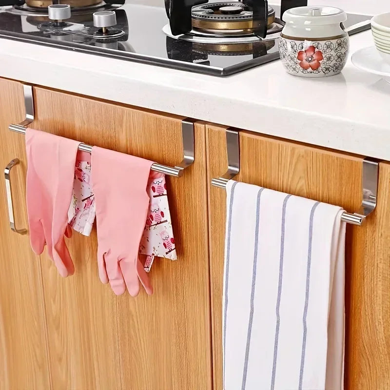 FanzyMarket stainless steel over-door towel rack with single bar, perfect for bathroom and kitchen, non-drilling hanging design.