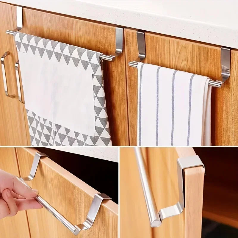 Stainless steel over-door towel rack by FanzyMarket with a single bar for bathroom or kitchen, 9.3 to 14.4 inches, non-drilling design.