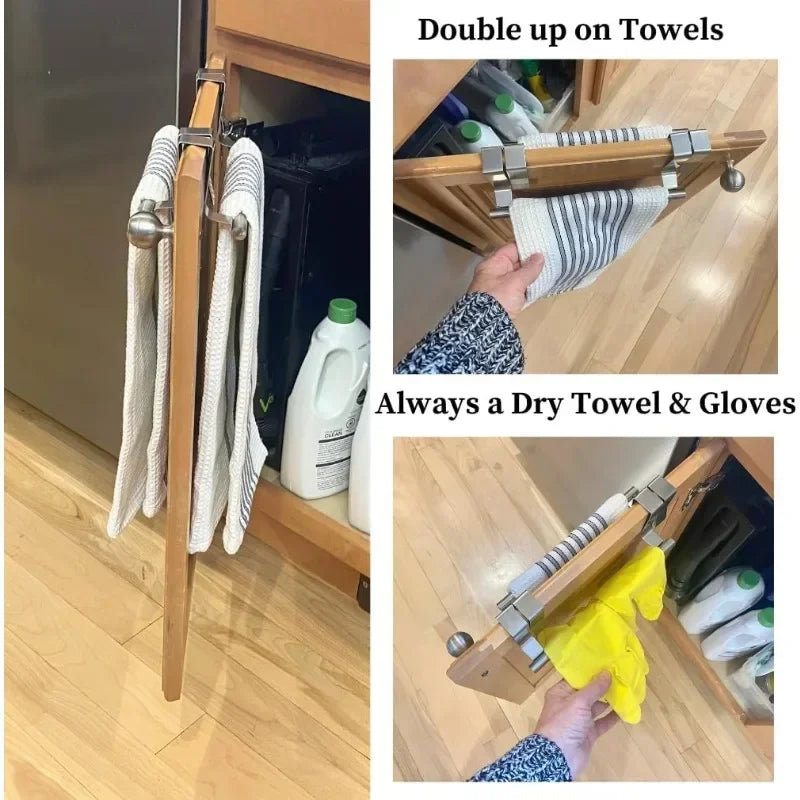 Stainless steel over-door towel rack by FanzyMarket with a single bar, suitable for bathroom or kitchen, 9.3 to 14.4 inches long.