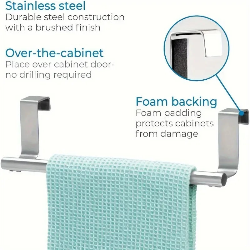 FanzyMarket stainless steel over-door towel rack with single bar, non-drilling design for bathroom and kitchen storage, 9.3 to 14.4 inches.