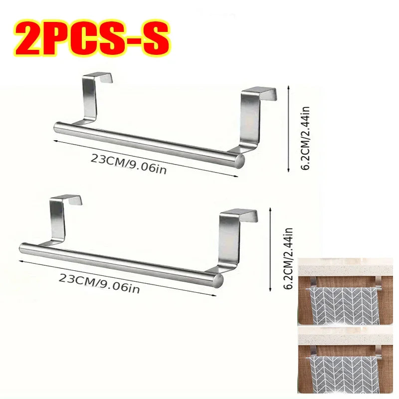 FanzyMarket stainless steel over-door towel rack with single bar, ideal for bathroom or kitchen storage, no drilling required.
