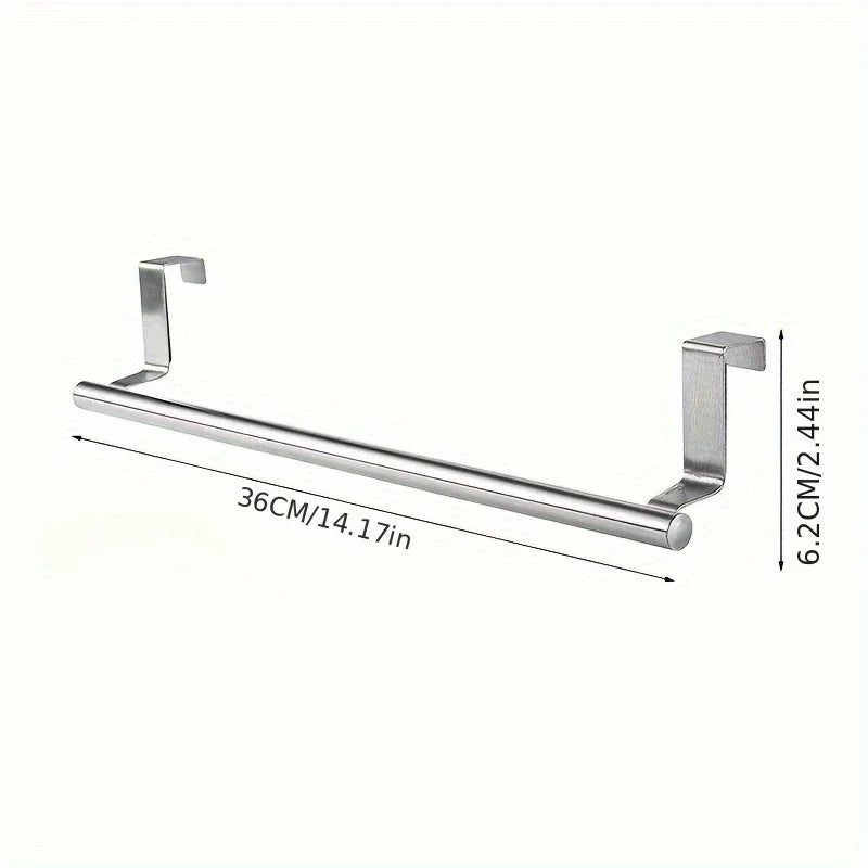 Stainless steel over-door towel rack by FanzyMarket, non-drilling hanging towel bar for bathroom and kitchen, 9.3 to 14.4 inches.