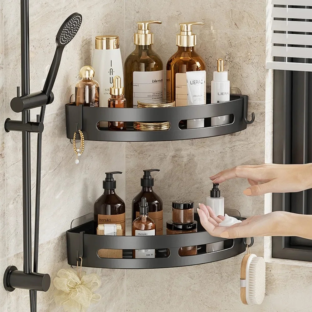Set of three adhesive bathroom shelves by FanzyMarket, no-drill corner shower caddies for towels and storage in modern bathroom.