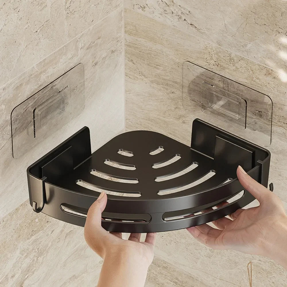 Set of three FanzyMarket adhesive bathroom shelves and shower caddies, corner towel holders, floating storage organizers.