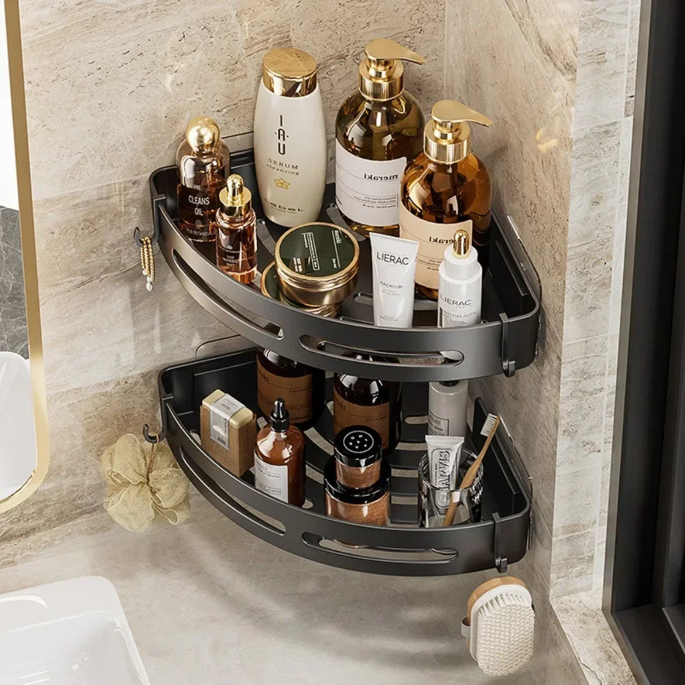 Three FanzyMarket adhesive bathroom shelves and shower caddies for corner storage, no-drill towel holders, floating organizers in a pack