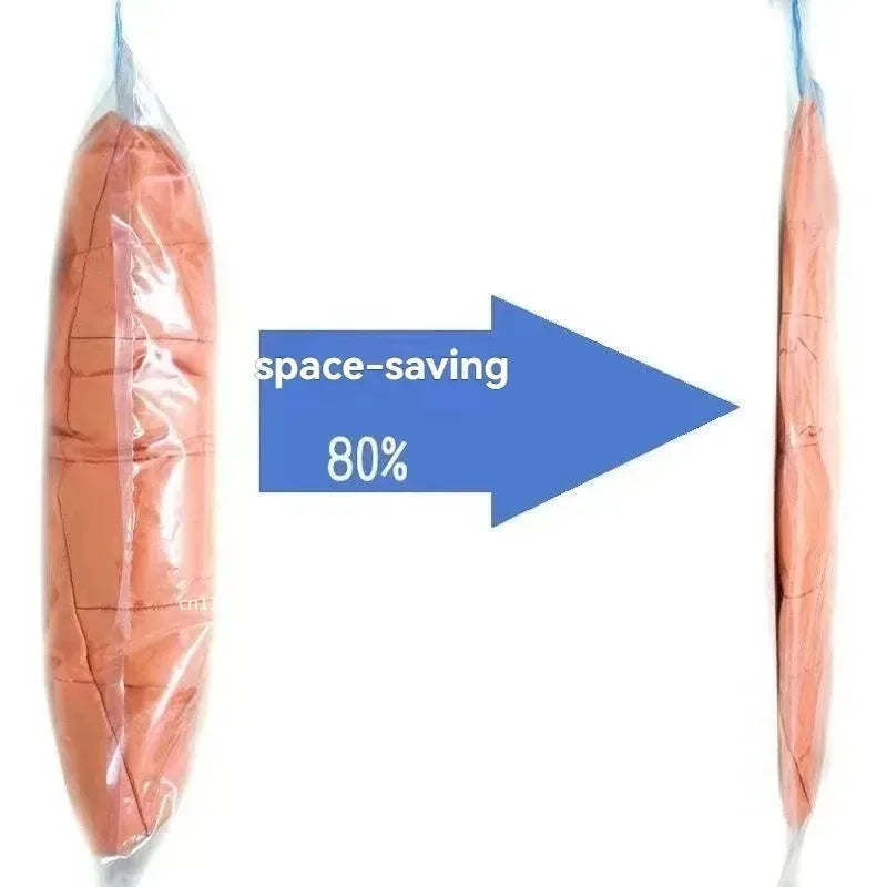 FanzyMarket travel compression vacuum bags for luggage, clothes, and bedding, reusable roll-up space saver bags shown in a home storage setting.
