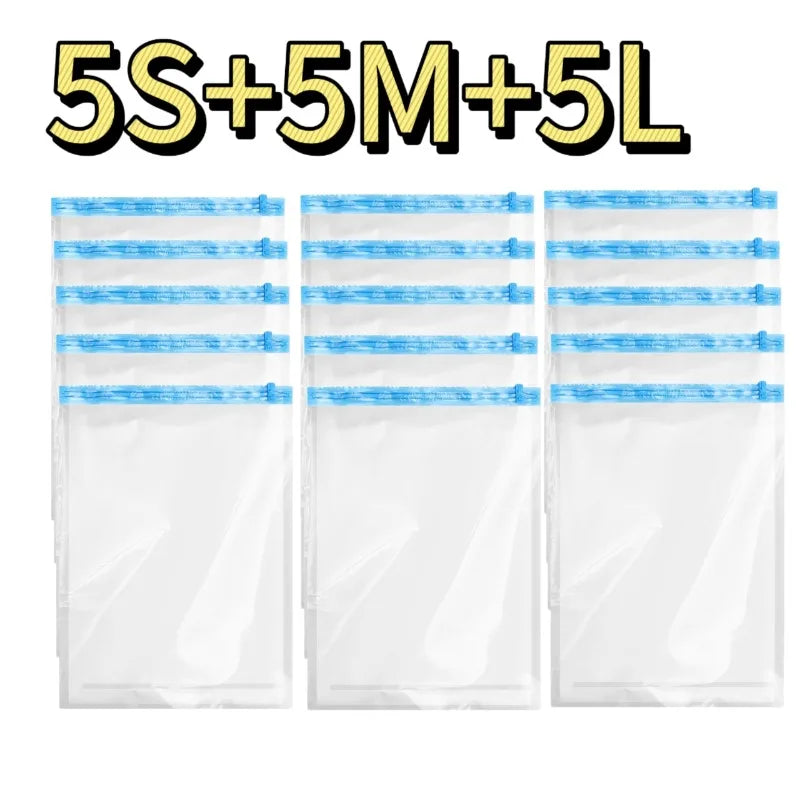 FanzyMarket travel compression vacuum bags for luggage, clothes, and bedding, reusable roll-up space saver storage bags.