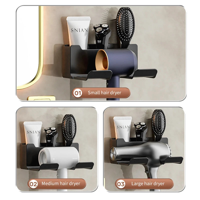 Gray wall-mounted hair dryer holder cradle for bathroom organization, part of FanzyMarket’s blow dryer storage and bathroom organizer set.