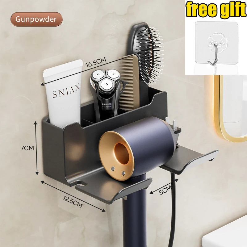 Gray wall-mounted hair dryer holder cradle by FanzyMarket, perfect for bathroom organization and blow dryer storage.
