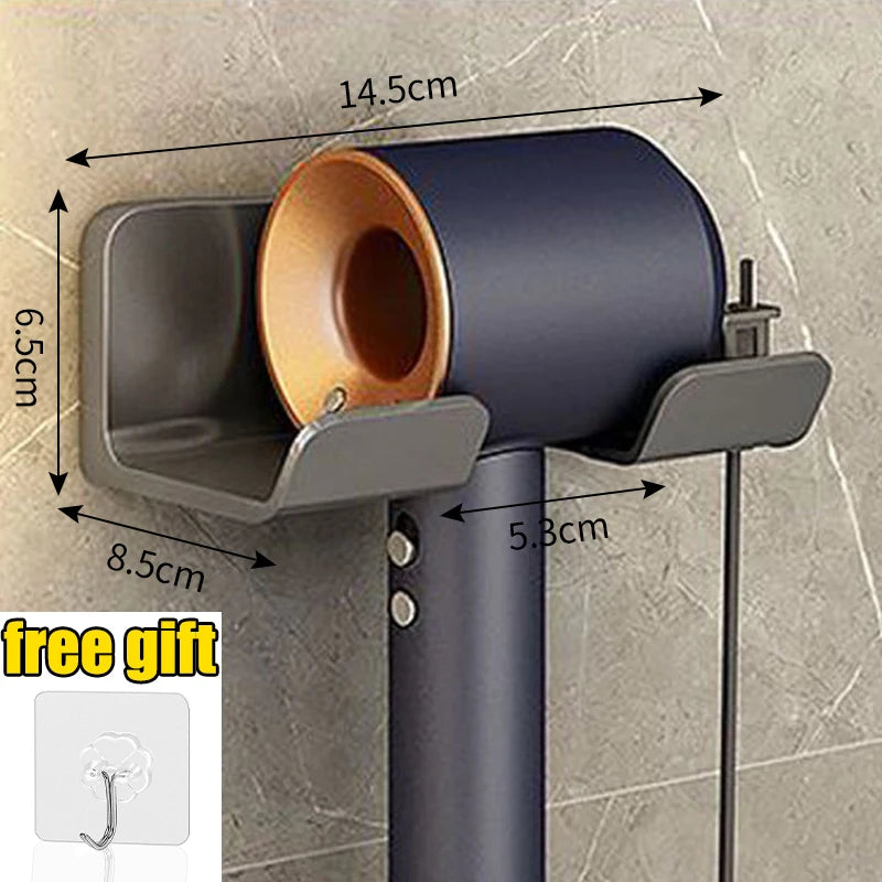 Gray wall-mounted hair dryer holder cradle by FanzyMarket, designed for bathroom organization and storage of blow dryers.