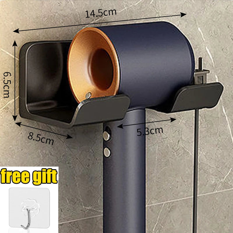 Gray wall-mounted hair dryer holder cradle by FanzyMarket, organized for bathroom storage, ideal for blow dryers and styling tools.