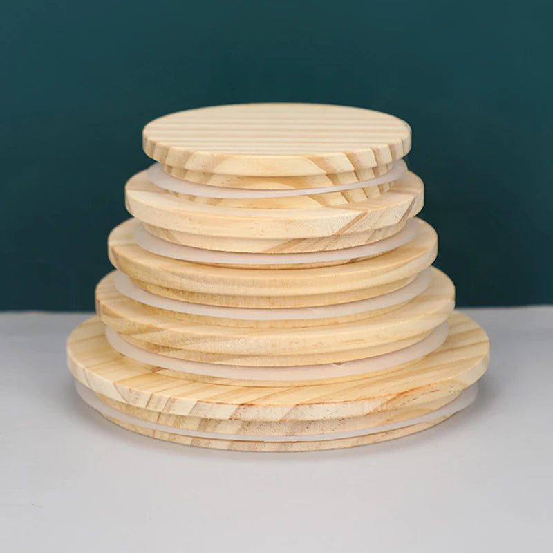 Handmade pine wood jar lid with silicone seal, fits 52-130mm jars, mugs, or candle cups, airtight wooden cover by FanzyMarket.