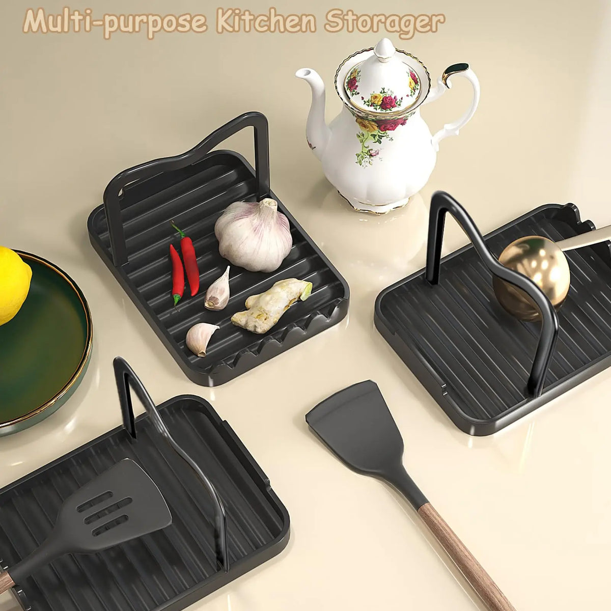 Foldable spatula and pot lid holder set by FanzyMarket, multifunctional kitchen organizer with anti-slip wave design.