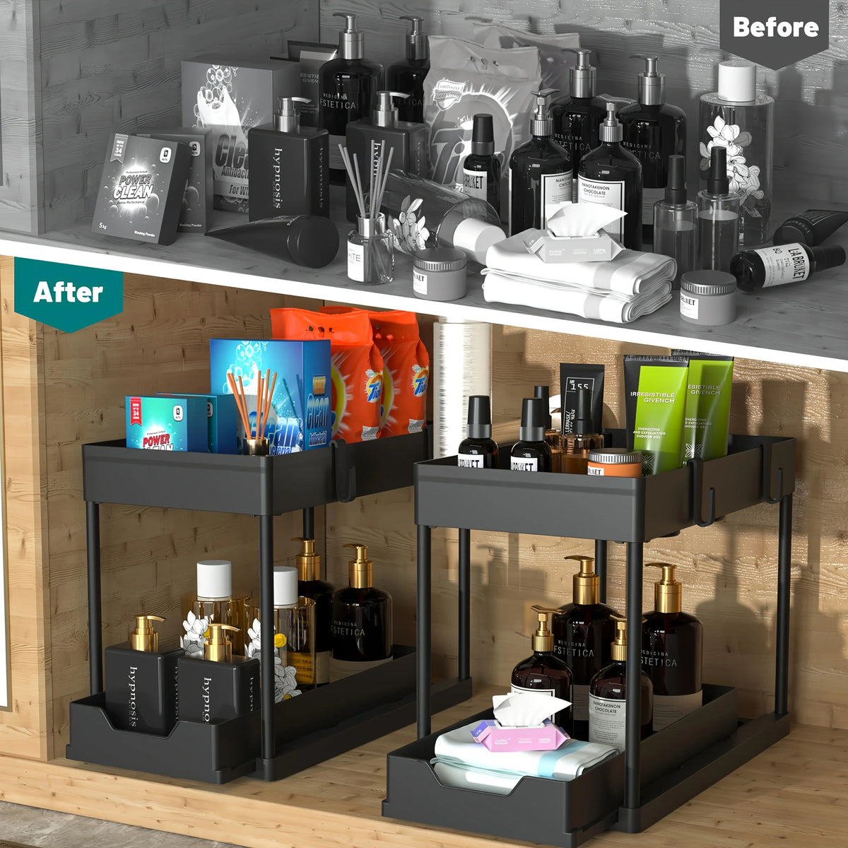 Black 2-tier under-sink sliding cabinet organizer by FanzyMarket with hooks and hanging cup for bathroom and kitchen storage.