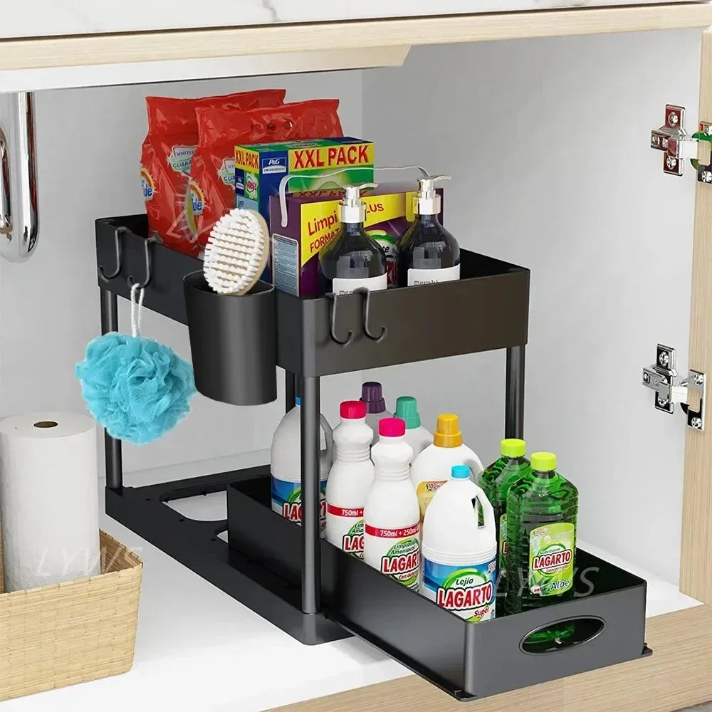 FanzyMarket 2-tier under-sink sliding cabinet organizer with hooks and hanging cup for bathroom and kitchen storage.