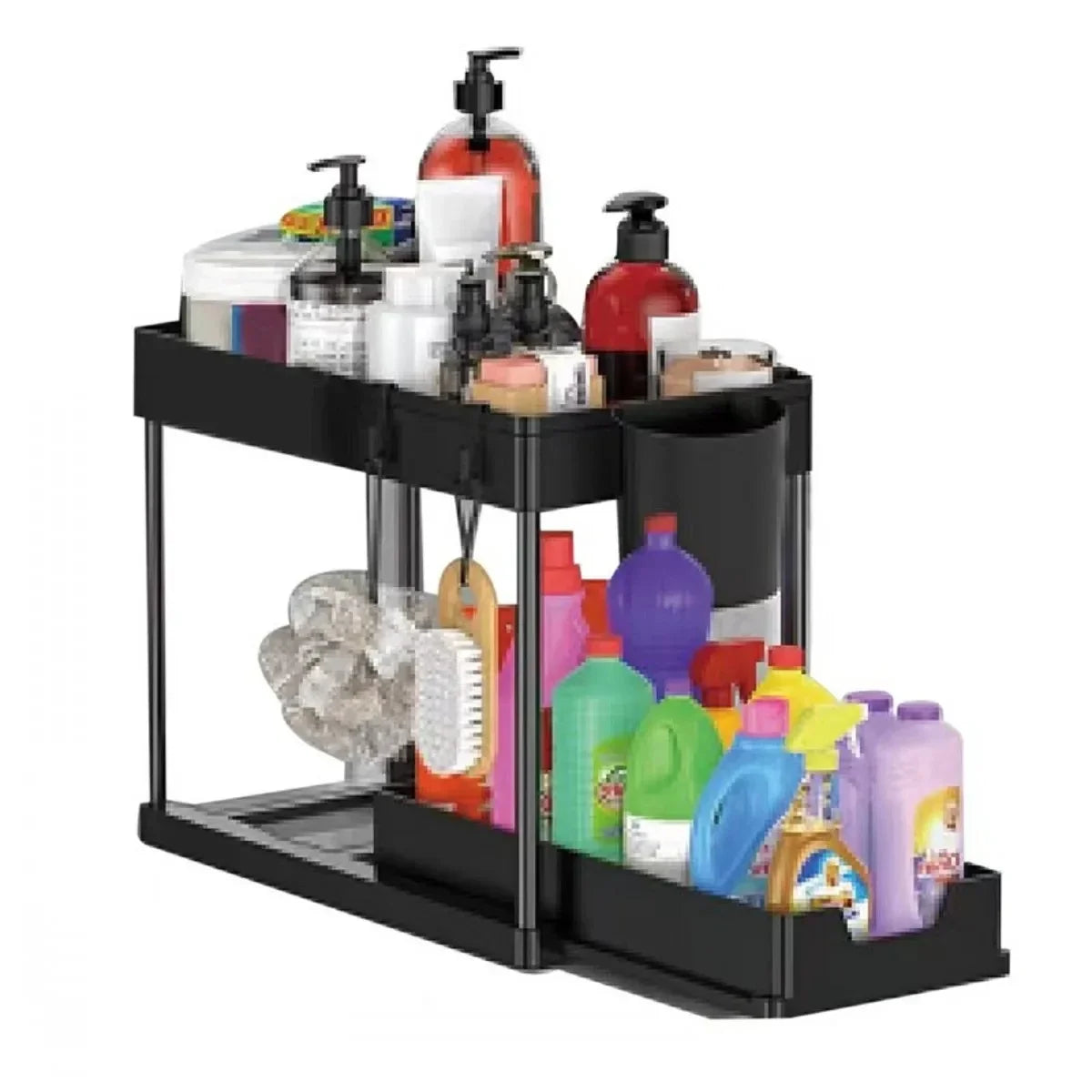 Black 2-tier under-sink sliding cabinet organizer with hooks and hanging cup for bathroom and kitchen storage by FanzyMarket.