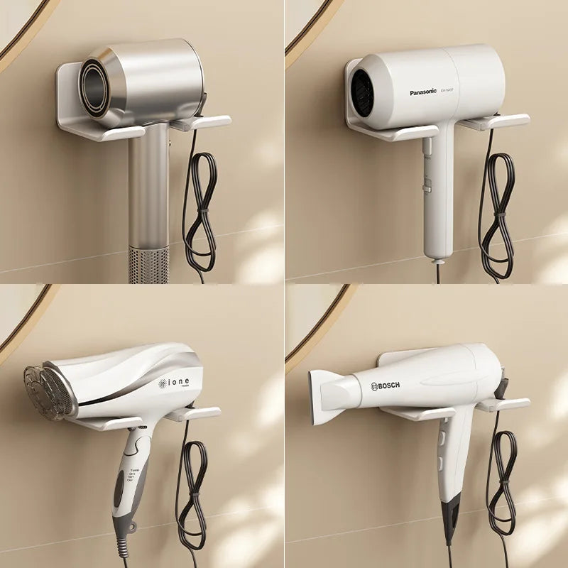 FanzyMarket black aluminum wall-mounted hair dryer and straightener holder, bathroom organizer shelf with no-drill design.