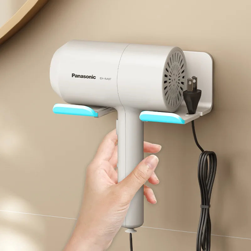 FanzyMarket black aluminum wall-mounted hair dryer and straightener holder, bathroom organizer shelf with no-drill installation.