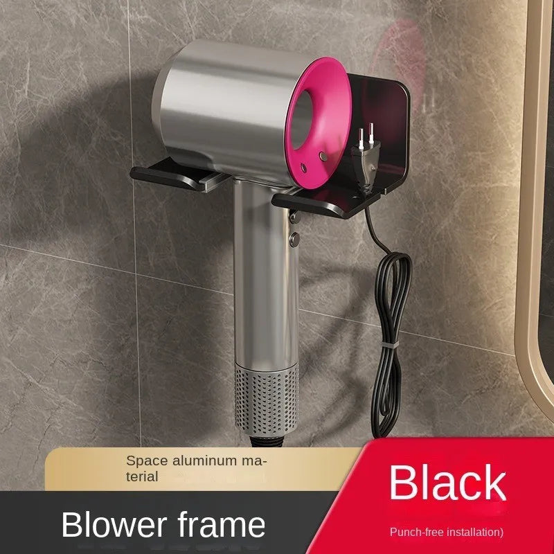 FanzyMarket black aluminum wall-mounted hair dryer and straightener holder, bathroom organizer shelf for storage and organization.