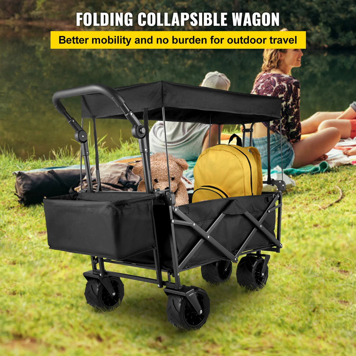 Blue folding collapsible wagon cart with adjustable handle and removable canopy, ideal for beach and camping, made from 600D Oxford fabric.