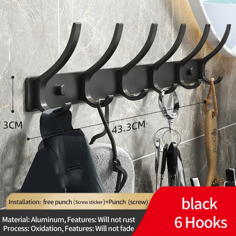 FanzyMarket 6-peg folding wall hooks in black and white, aluminum nail-mount towel and coat rack for home organization.