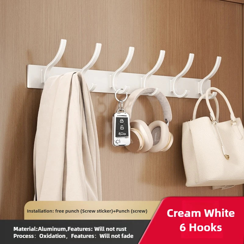 Cream white 6-peg folding wall hooks by FanzyMarket, aluminum nail-mount towel and coat rack with black and white finish.