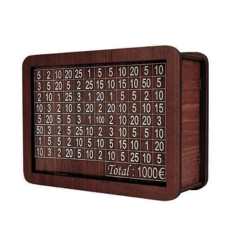 FanzyMarket wooden savings challenge box for euros, with slots for 1,000 to 10,000 euro, used for storage and organization.