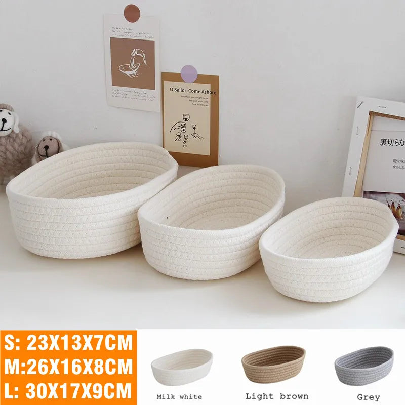 Large gray Nordic cotton rope woven storage basket for organizing cosmetics, keys, and sundries on desktop or in home storage.
