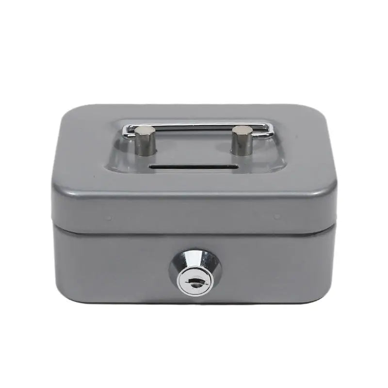 Gray mini metal money box with key lock, lockable coin safe for adults and kids, compact storage and organization for home.