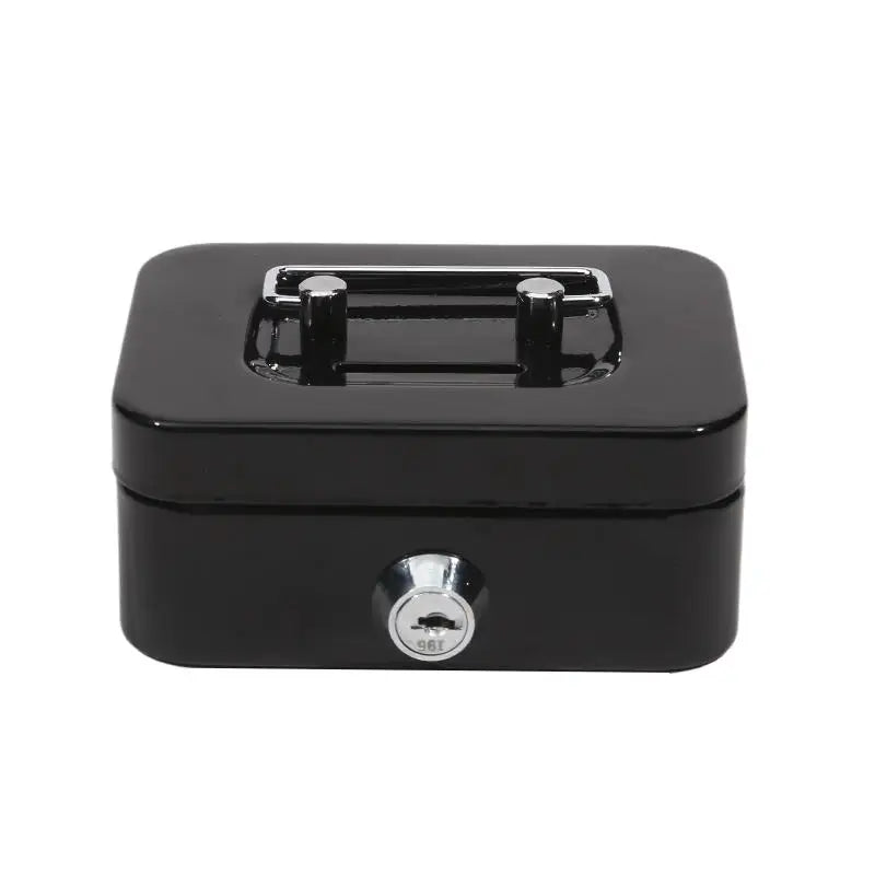 Gray mini metal money box with key lock, lockable coin safe for adults and kids, designed for home storage and organization.