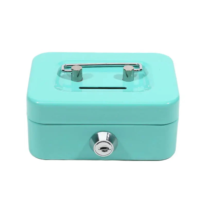 Gray mini metal money box with key lock, lockable coin safe for adults and kids, for home storage and organization.