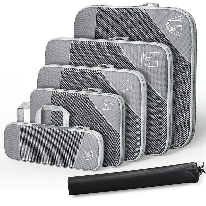 FanzyMarket 6-piece travel compression packing cubes set with shoe bag, lightweight mesh luggage organizers in grey.