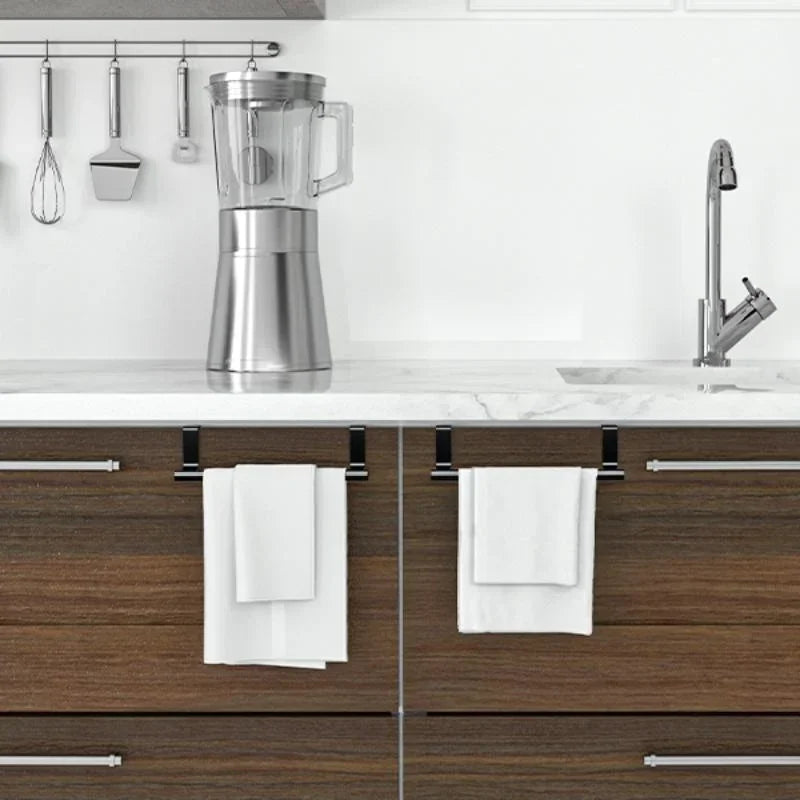 Stainless steel over-cabinet towel bar by FanzyMarket, no-drill over-door towel rack for kitchen and bathroom, available in 9.4 and 14.2 inches.