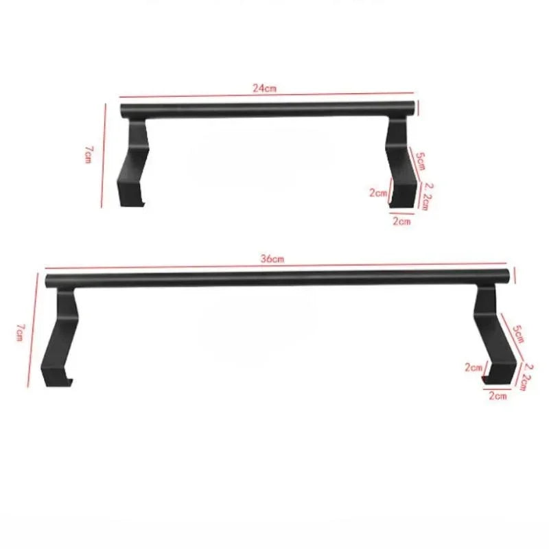 Stainless steel over-cabinet towel bars from FanzyMarket, no-drill over-door design, 9.4" and 14.2" lengths for kitchen or bathroom.