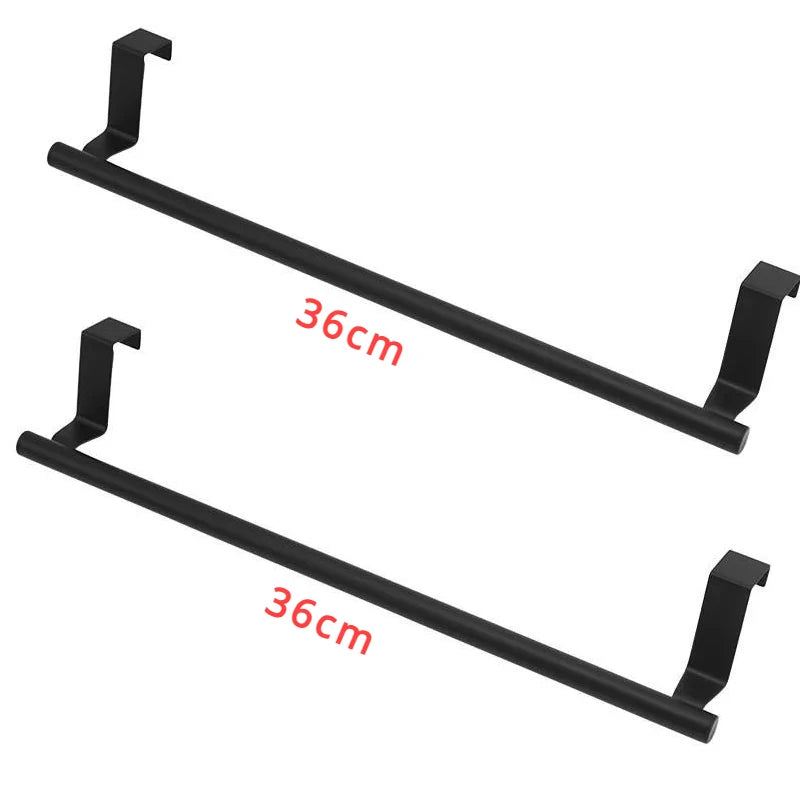 Stainless steel over-cabinet towel bar by FanzyMarket, no-drill over-door rack for kitchen and bathroom, available in 9.4" and 14.2" sizes.