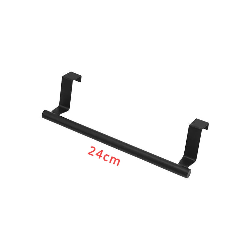 Stainless steel over-cabinet towel bars by FanzyMarket, no-drill over-door design for kitchen and bathroom storage, available in 9.4" and 14.2" sizes.